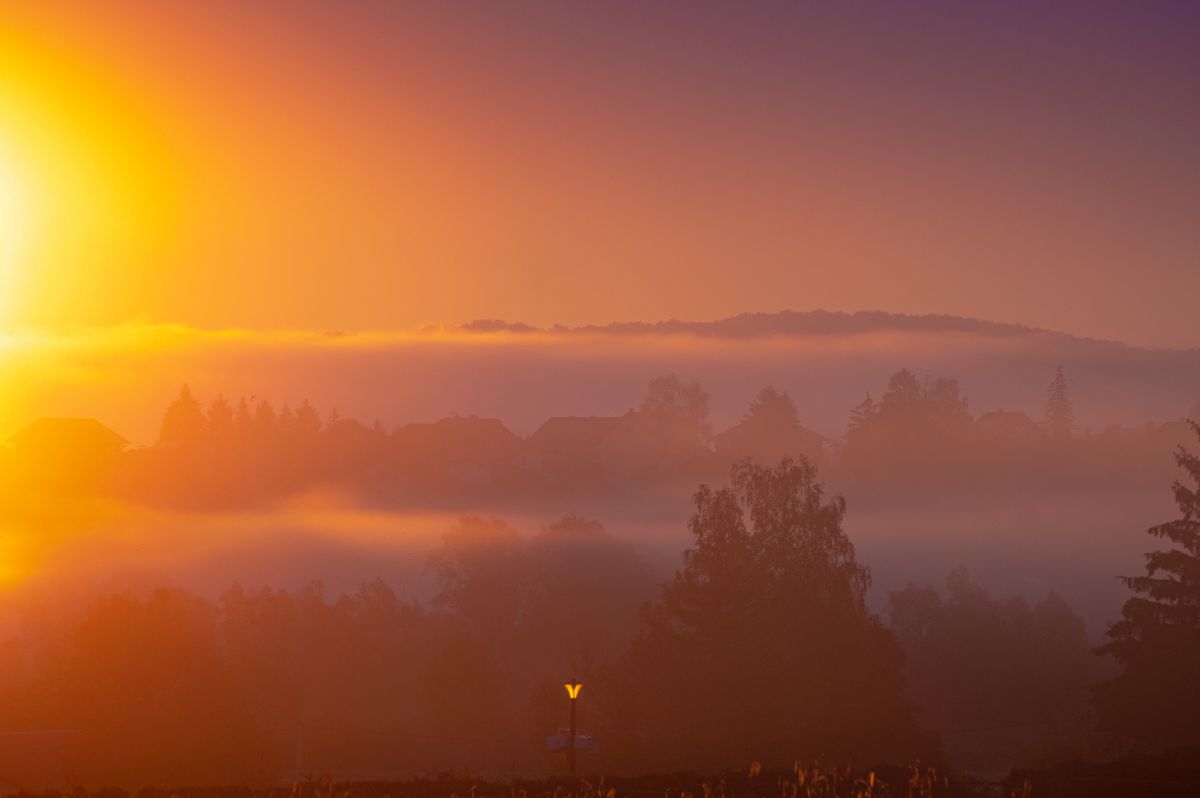 A warm sunrise seen through heavy fog, distant silhouettes - the watching-from-behind-glass quality of shut down